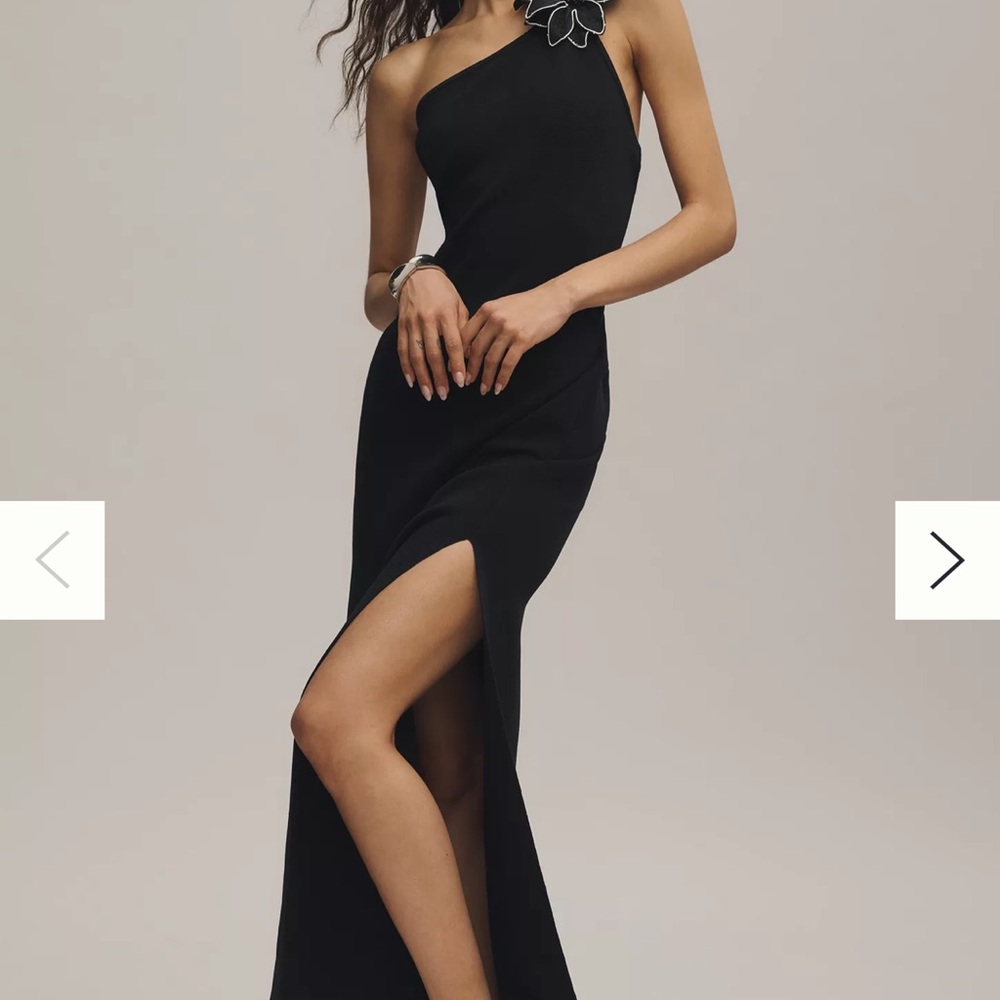 Anthropologie One-Shoulder Black Gown with Floral Shoulder Accent